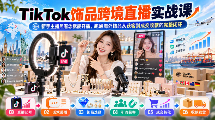 TikTok饰品跨境直播实战课，新手主播照着念就能开播，跑通海外饰品从获客到成交收款的完整闭环-云创网