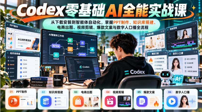 Codex零基础AI全能实战课：从下载安装到智能体自动化，掌握知识库搭建、电商出图、视频剪辑、爆款文案与数字人口播全流程-云创网