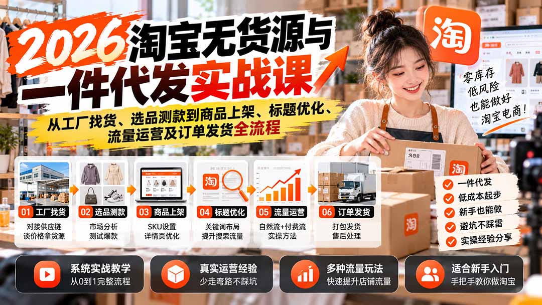 2026淘宝无货源与一件代发实战课：从工厂找货、选品测款到商品上架、标题优化、流量运营及订单发货全流程-云创网