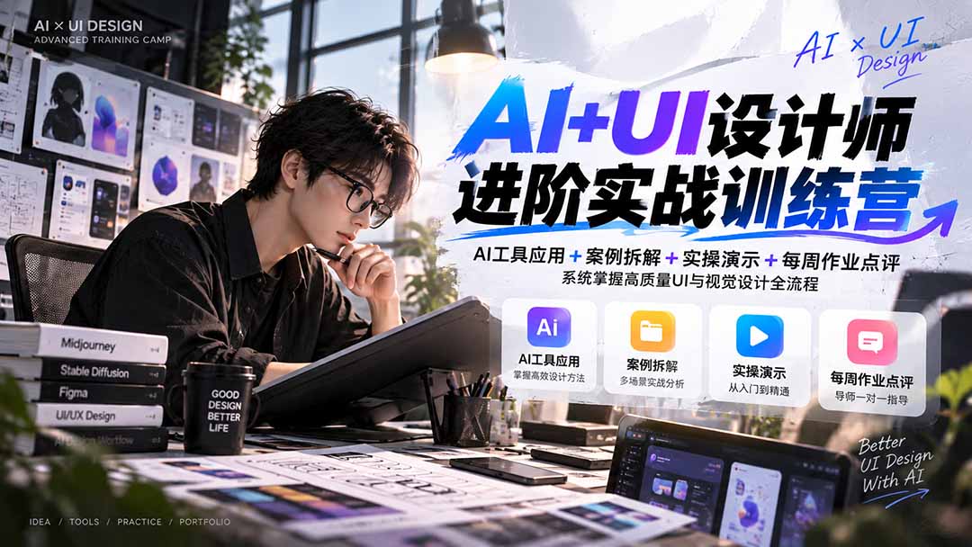 【无水印】AI+UI设计师进阶训练营-第4期：AI工具应用+案例拆解+实操演示+作业点评，掌握高质量UI与视觉设计全流程-云创网