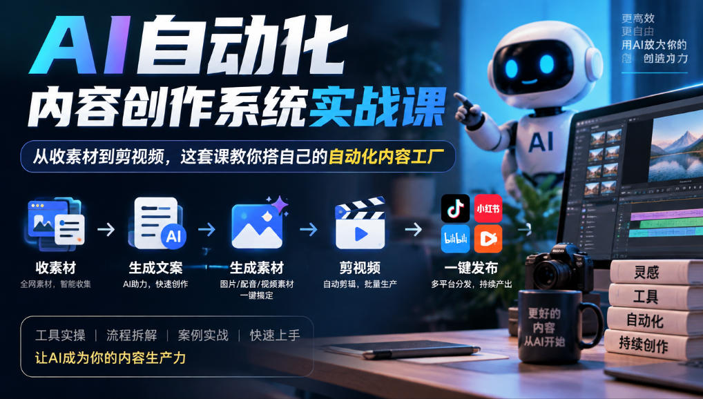 AI自动化内容创作系统实战课，从收素材到剪视频，这套课教你搭自己的自动化内容工厂-云创网