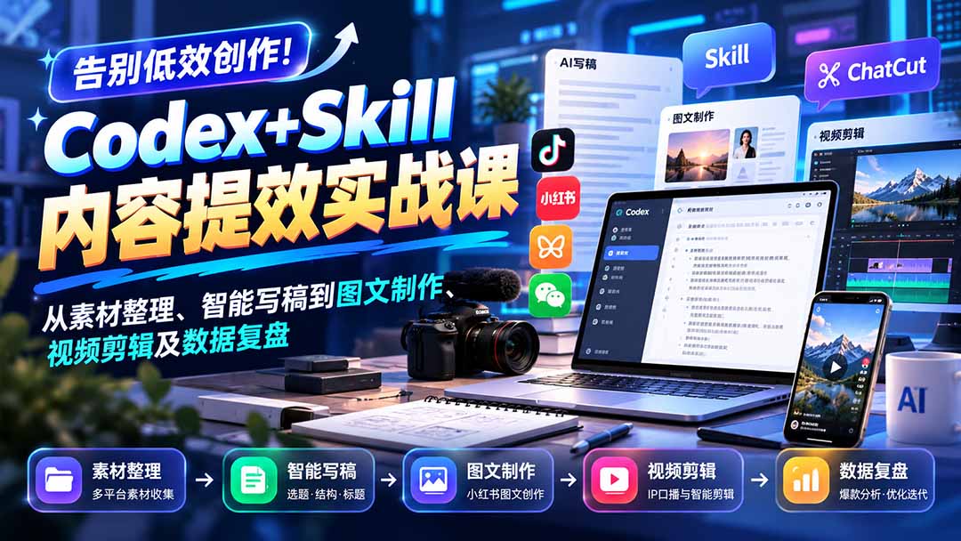 【无水印】告别低效创作！Codex+Skill内容提效实战课：从素材整理、智能写稿到图文制作、视频剪辑及数据复盘-云创网