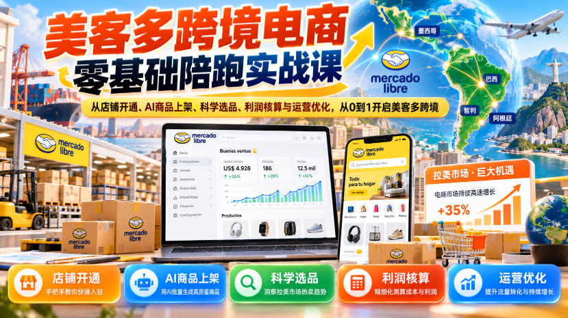 美客多跨境电商零基础陪跑实战课：从店铺开通、AI商品上架、科学选品、利润核算与运营优化，从0到1开启美客多跨境-云创网