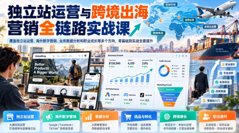 独立站运营与跨境出海营销全链路实战课，覆盖独立站运营、海外数字营销、业务数据分析和职业成长等多个方向，零基础到实战全面提升-云创网