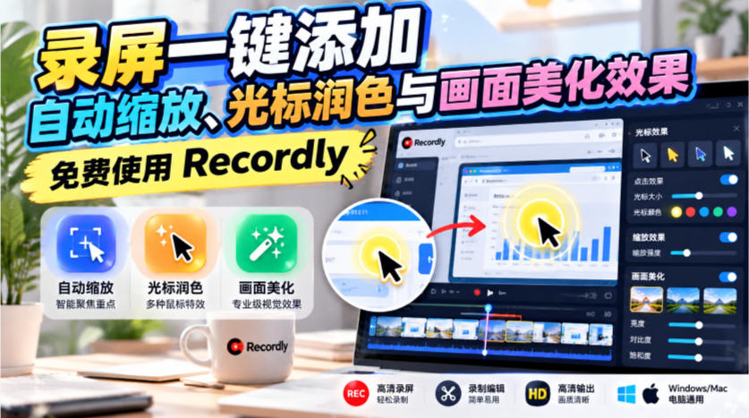 录屏一键添加自动缩放、光标润色与画面美化效果，免费使用Recordly-云创网