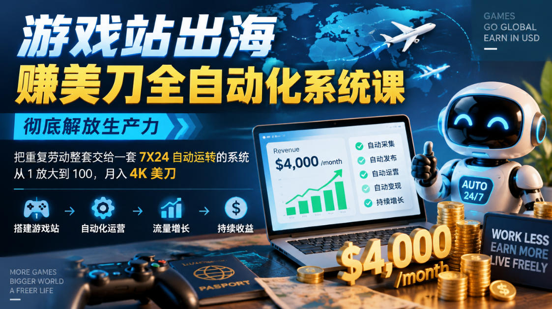 游戏站出海賺美刀全自动化系统课，彻底解放生产力--把重复劳动整套交给一套7X24自动运转的系统，从1放大到100，月入4K美刀-云创网