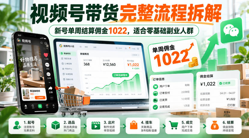 视频号带货完整流程拆解，新号单周结算佣金1022，适合零基础副业人群-云创网