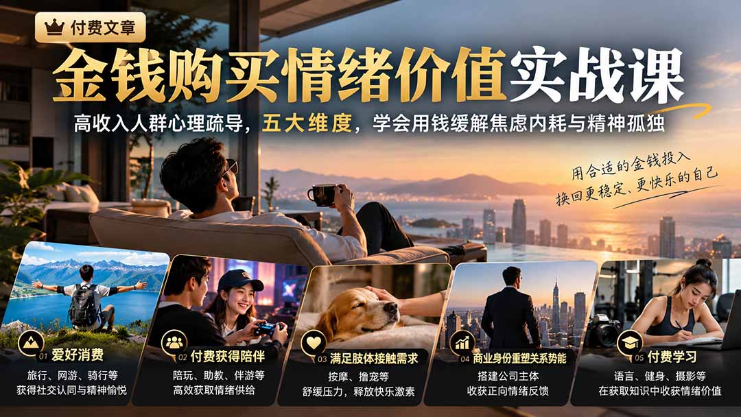 付费文章：金钱购买情绪价值实战课｜高收入人群心理疏导，五大维度，学会用钱缓解焦虑内耗与精神孤独-云创网
