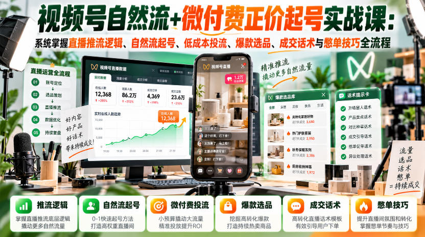 视频号自然流+微付费正价起号实战课：系统掌握直播推流逻辑、自然流起号、低成本投流、爆款选品、成交话术与憋单技巧全流程-云创网