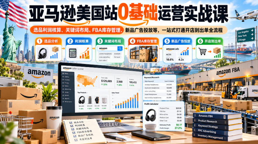 亚马逊美国站0基础运营实战课｜选品利润核算、关键词布局、FBA库存管理、新品广告投放等，一站式打通开店到出单全流程-云创网