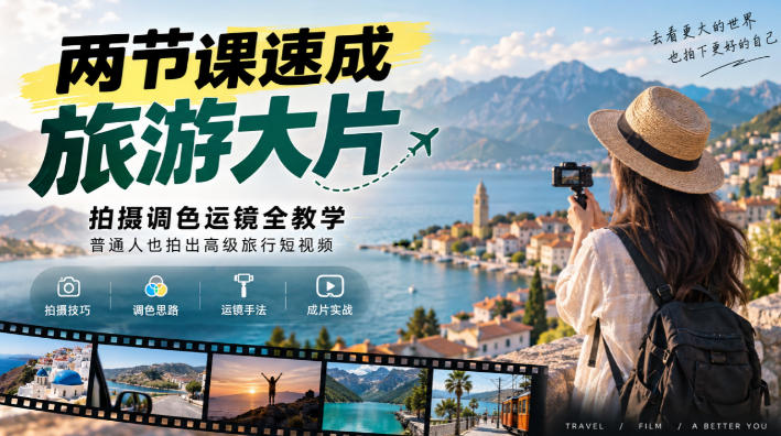 两节课速成旅游大片｜拍摄调色运镜全教学，普通人也拍出高级旅行短视频-云创网
