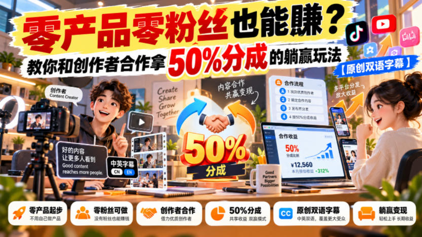 【无水印】零产品零粉丝也能賺？教你和创作者合作拿50%分成的躺赢玩法【原创双语字幕】-云创网