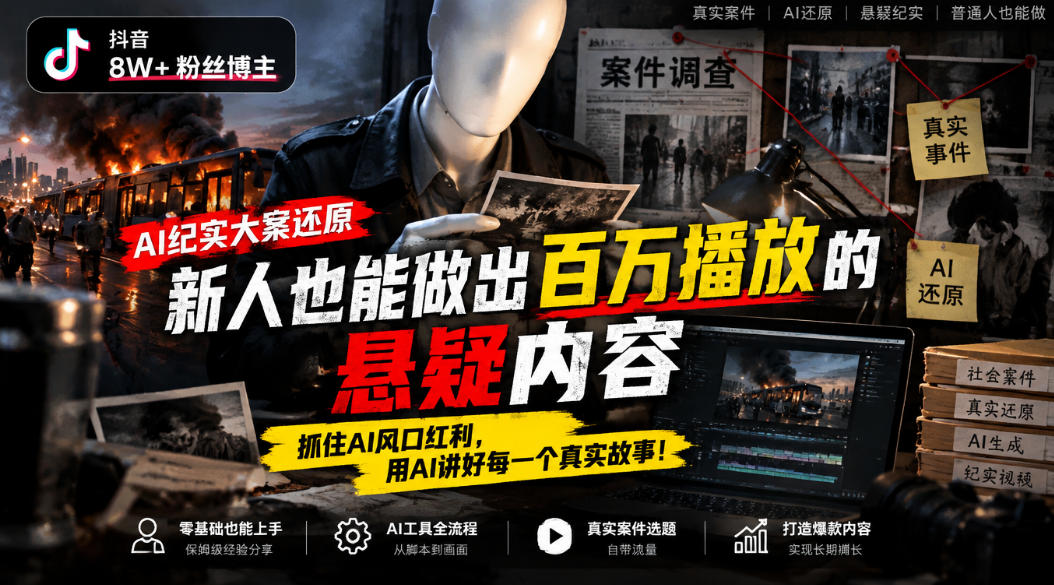 抖音8W粉丝博主的AI纪实大案还原教学，新人也能做出百W播放的悬疑内容，抓住AI风口红利，用AI讲好每一个真实故事(更新1014)-云创网