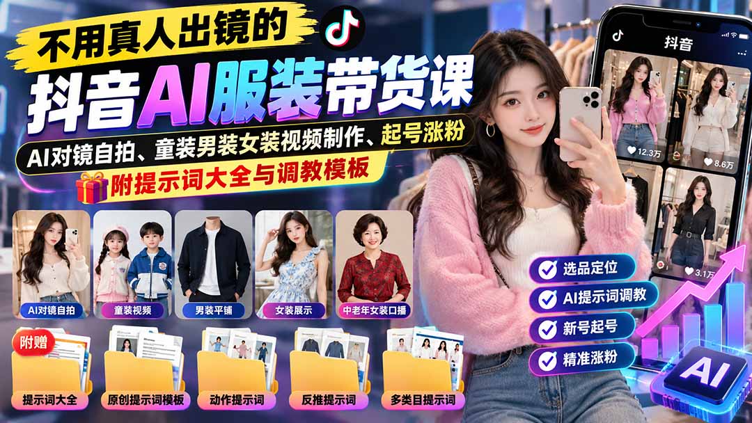 不用真人出镜的抖音AI服装带货课：AI对镜自拍、童装男装女装视频制作、起号涨粉，附提示词大全与调教模板-云创网