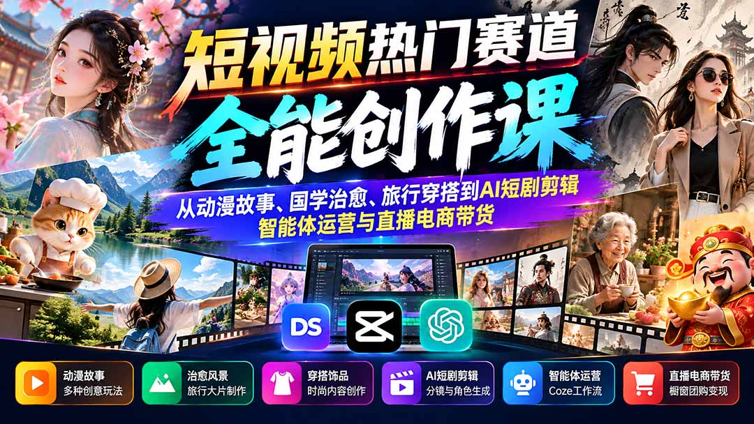短视频热门赛道全能创作课：从动漫故事、国学治愈、旅行穿搭到AI短剧剪辑、智能体运营与直播电商带货-云创网