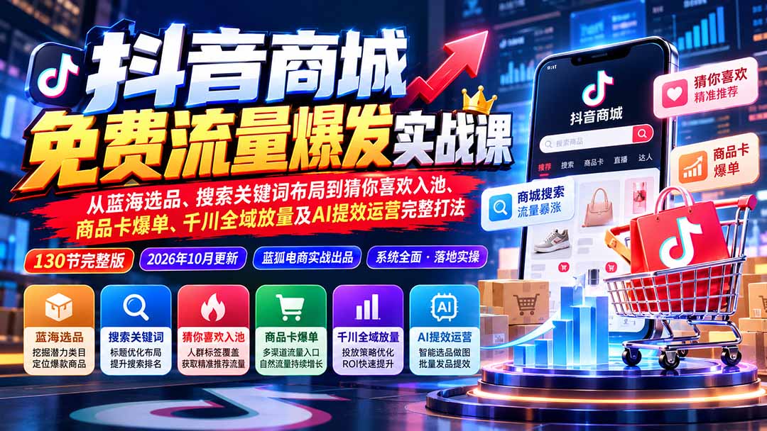 抖音商城免费流量爆发实战：从蓝海选品、搜索关键词布局到猜你喜欢入池、商品卡爆单、千川全域放量及AI提效完整打法-云创网