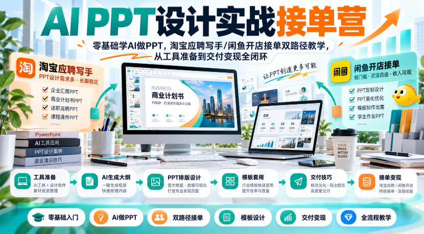 AI PPT设计实战接单营｜零基础学AI做PPT，淘宝应聘写手/闲鱼开店接单双路径教学，从工具准备到交付变现全闭环-云创网