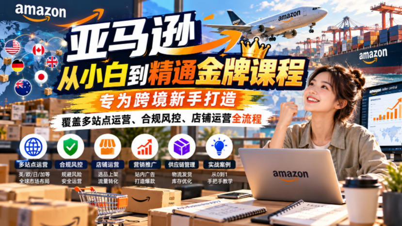 亚马逊从小白到精通金牌课程，专为跨境新手打造，覆盖多站点运营、合规风控、店铺运营全流程-云创网