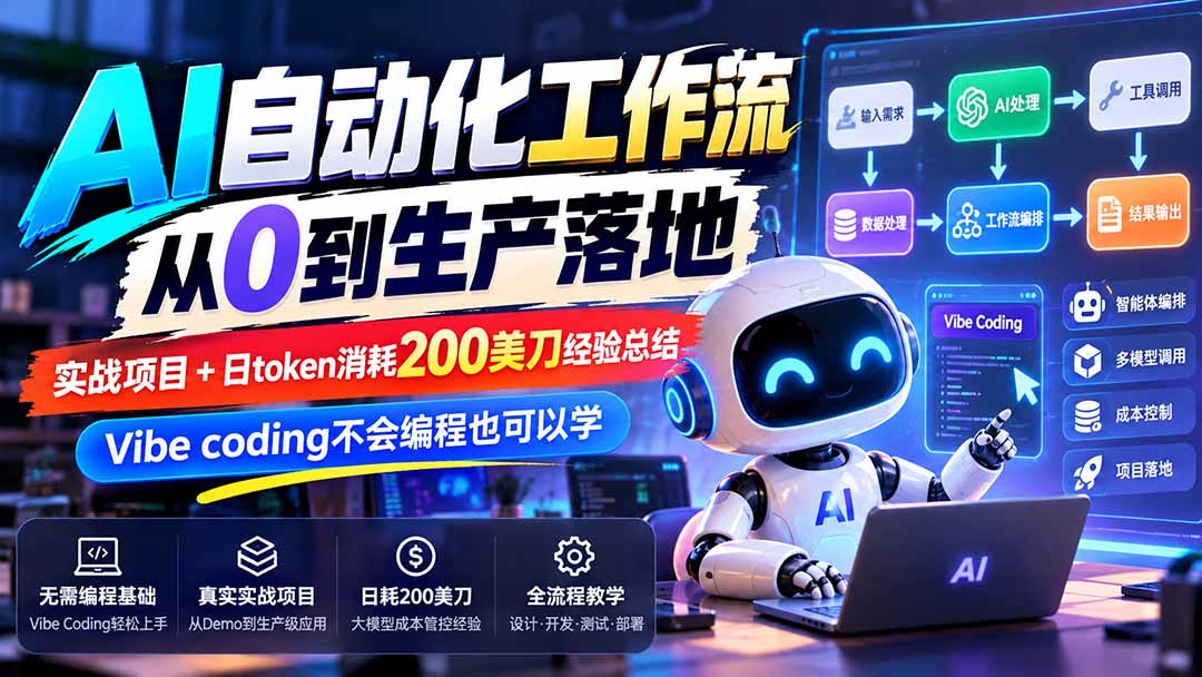 【无水印】AI自动化工作流从0到生产落地，实战项目+日token消耗200美刀经验总结，Vibe coding不会编程也可以学-云创网