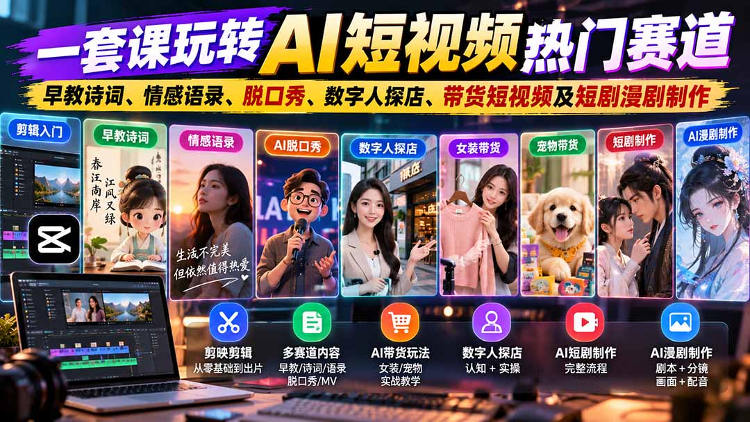一套课玩转AI短视频热门赛道：早教诗词、情感语录、脱口秀、数字人探店、带货短视频及短剧漫剧制作  复制标题-云创网