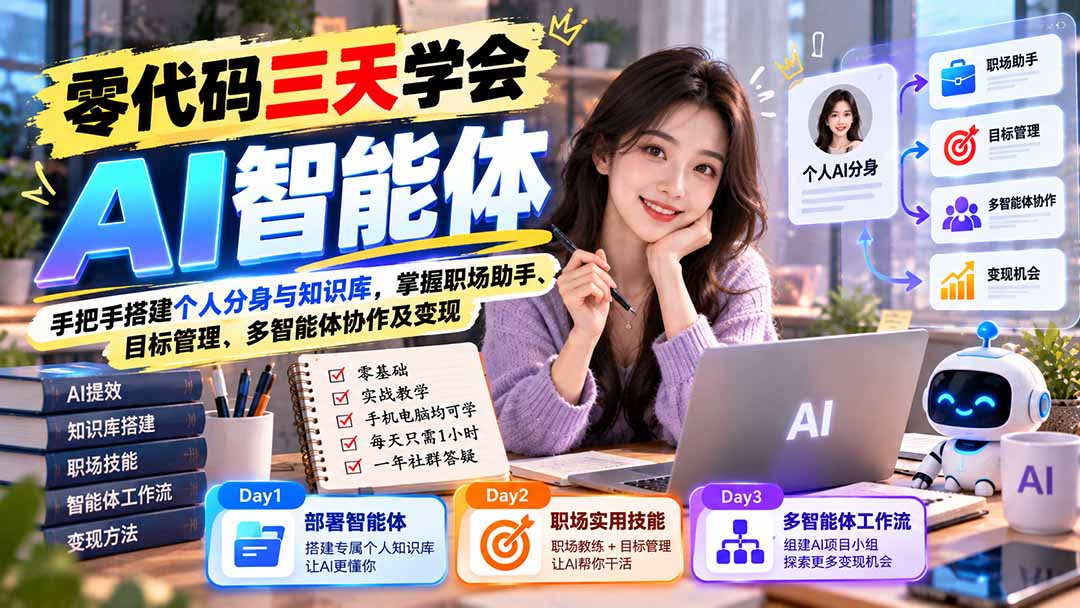 【无水印】零代码三天学会AI智能体：手把手搭建个人分身与知识库，掌握职场助手、目标管理、多智能体协作及变现-云创网