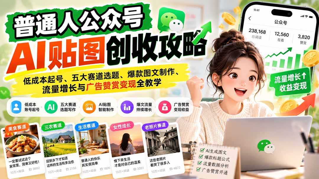 普通人公众号AI贴图创收攻略：低成本起号、五大赛道选题、爆款图文制作、流量增长与广告赞赏变现全教学-云创网