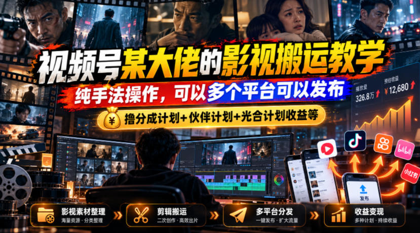 视频号某大佬的影视搬运教学，纯手法操作，可以多个平台可以发布，撸分成计划+伙伴计划+光合计划收益等-云创网