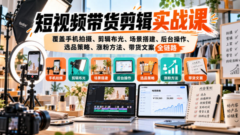 短视频带货剪辑实战课，覆盖手机拍摄、剪辑布光、场景搭建、后台操作、选品策略、涨粉方法、带货文案全链路-云创网
