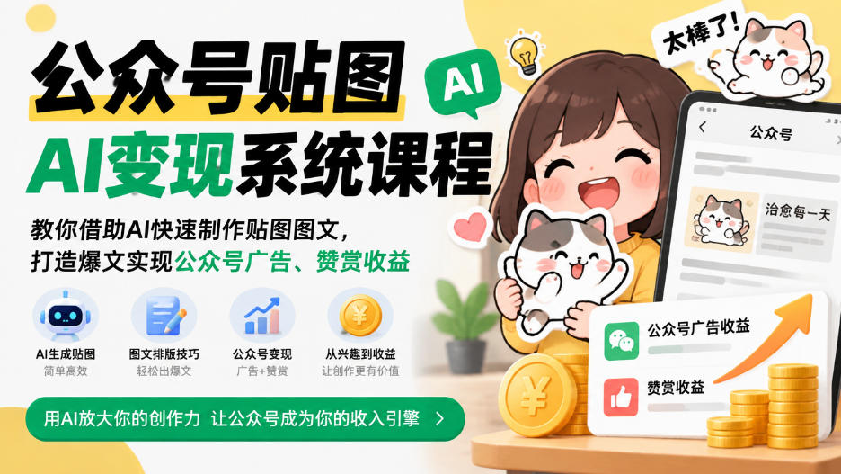公众号贴图AI变现系统课程｜教你借助AI快速制作贴图图文，打造爆文实现公众号广告、赞赏收益-云创网
