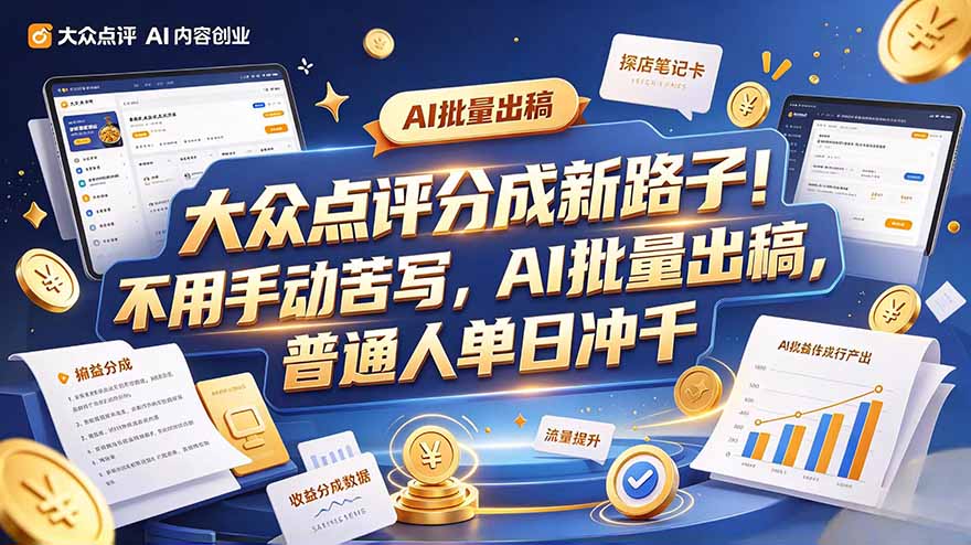 大众点评副业新玩法，工具提效解放双手，批量做笔记，单日可破千-云创网