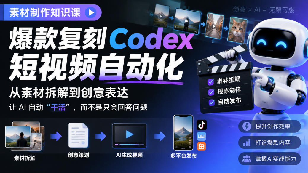 素材制作知识课，爆款复刻Codex短视频自动化，从素材拆解到创意表达，让AI自动“干活”，而不是只会回答问题-云创网
