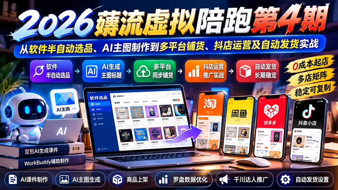 2026薅流虚拟陪跑第4期：从软件半自动选品、AI主图制作到多平台铺货、抖店运营及自动发货实战-云创网
