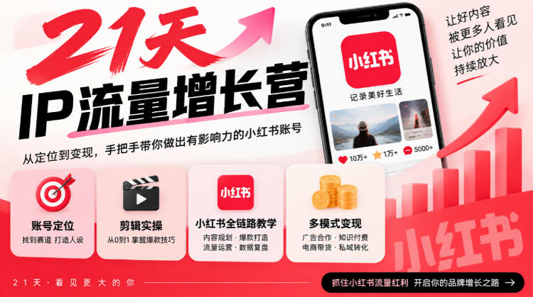 21天IP流量增长营，小红书全链路教学，账号定位剪辑实操，多模式变现系统课-云创网
