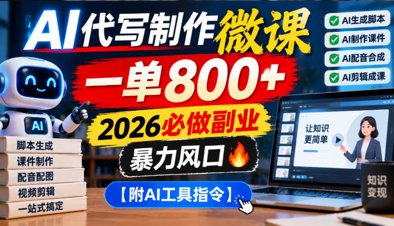 AI代写制作微课，一单800+，2026必做副业，暴力风口【附AI工具指令】【揭秘】-云创网