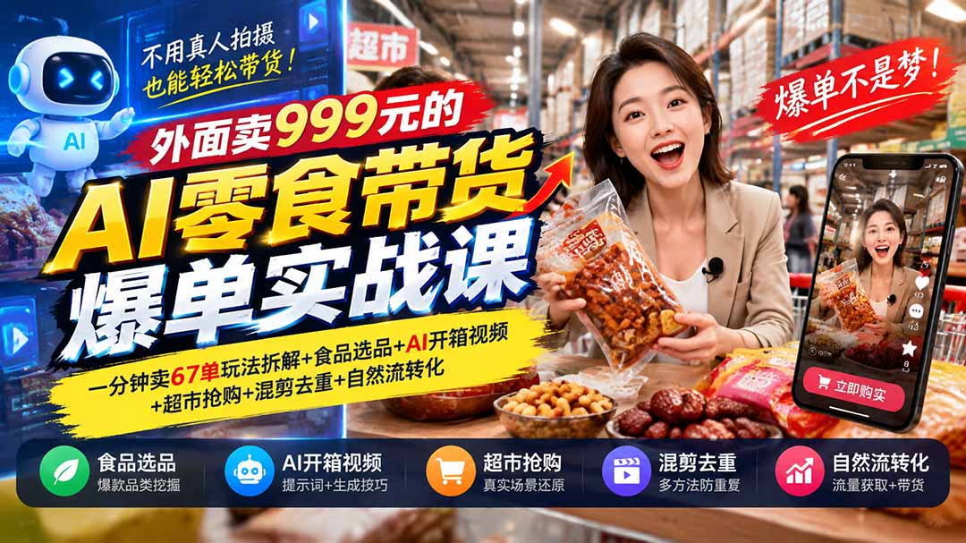 外面卖999元的AI零食带货爆单实战课｜一分钟卖67单玩法拆解+食品选品+AI开箱视频+超市抢购+混剪去重+自然流转化-云创网