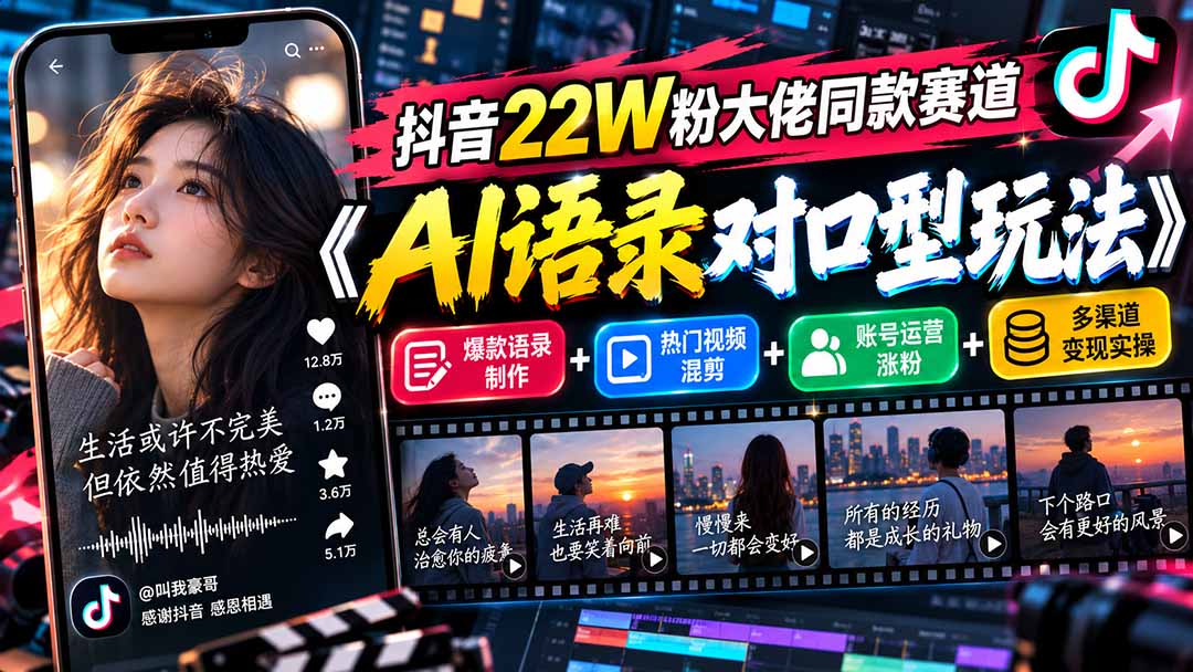 抖音22W粉大佬同款赛道《AI语录对口型玩法》：爆款语录制作+热门视频混剪+账号运营涨粉+多渠道变现实操-云创网