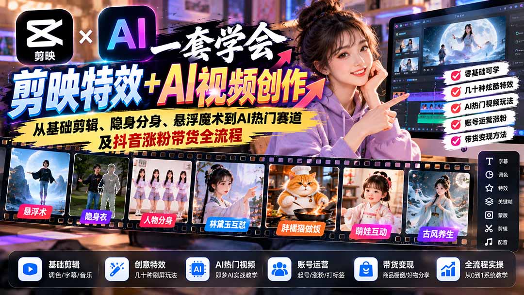 一套学会剪映特效+AI视频创作：从基础剪辑、隐身分身、悬浮魔术到AI热门赛道及抖音涨粉带货全流程-云创网
