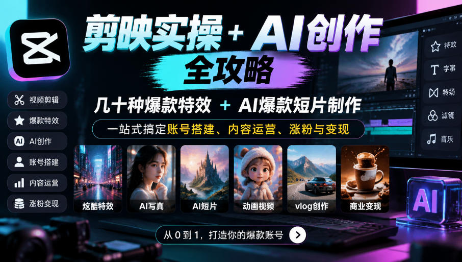 剪映实操+AI创作全攻略｜几十种爆款特效+AI爆款短片制作，一站式搞定账号搭建、内容运营、涨粉与变现-云创网