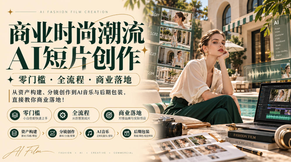 商业时尚潮流AI短片创作｜零门槛・全流程・商业落地，从资产构建、分镜创作到AI音乐与后期包装，直接教你商业落地！-云创网