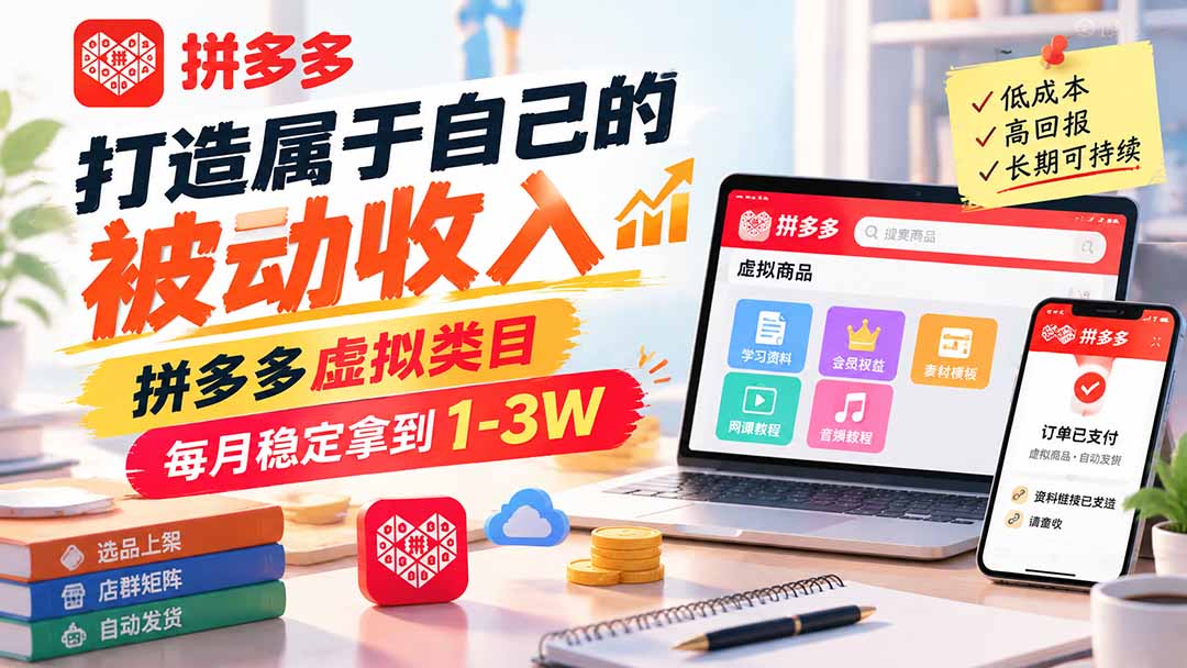 打造属于自己的被动收入，拼多多虚拟类目，每月稳定拿到 1-3W-云创网