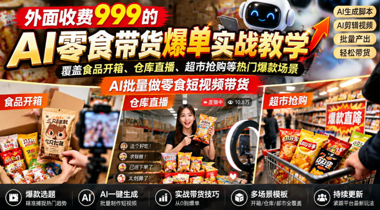 外面收费999的AI零食带货爆单实战教学，覆盖食品开箱、仓库直播、超市抢购等热门爆款场景，AI批量做零食短视频带货-云创网