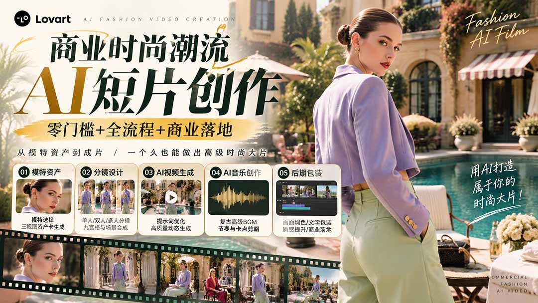 从一张模特图到高级时尚广告大片：AI三视图资产、场景合成、电影分镜、动态生成与复古音乐剪辑实战课-云创网