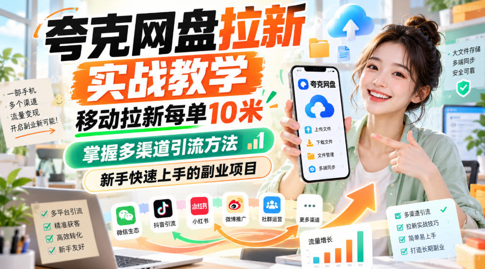 夸克网盘拉新实战教学，移动拉新每单10米，掌握多渠道引流方法，新手快速上手的副业项目(更新1017)-云创网