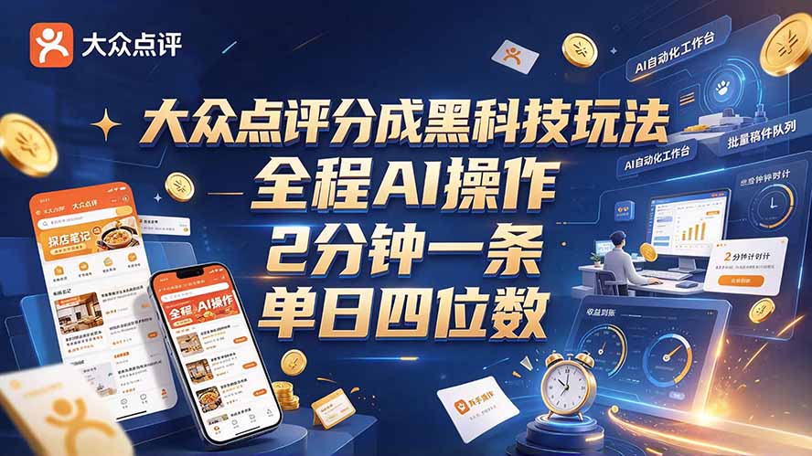 大众点评分成全网独家玩法，AI 全自动出内容，2 分钟一条，小白可冲单日四位数-云创网