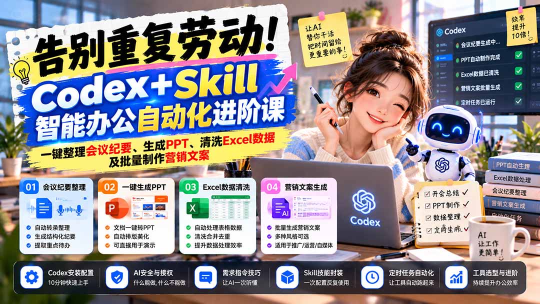 告别重复劳动！Codex+Skill智能办公自动化进阶课：一键整理会议纪要、生成PPT、清洗Excel数据及批量制作营销文案-云创网