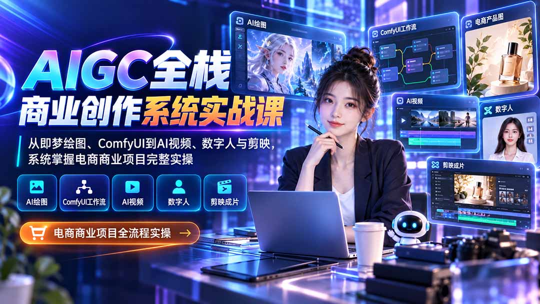 AIGC全栈商业创作系统实战课-更新1017：从即梦绘图、ComfyUI到AI视频、数字人与剪映，系统掌握电商商业项目完整实操-云创网