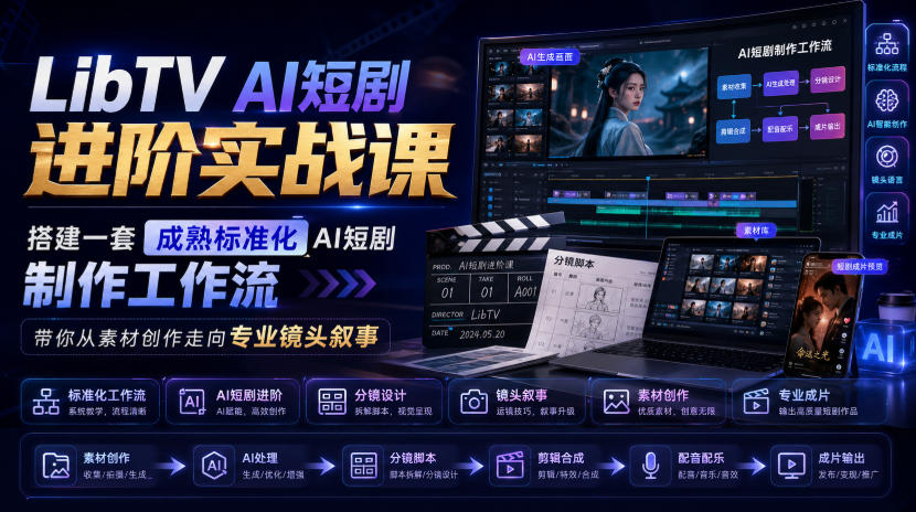 LibTV AI短剧进阶实战课，搭建一套成熟标准化AI短剧制作工作流，带你从素材创作走向专业镜头叙事(更新)-云创网