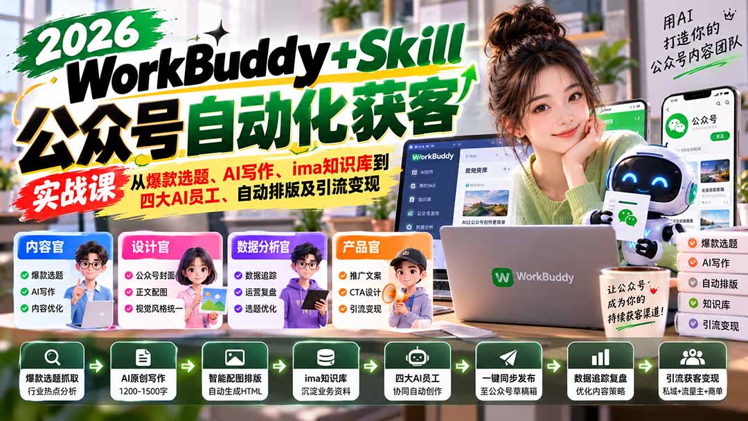 WorkBuddy + Skill公众号自动化获客实战课：从爆款选题、AI写作、ima知识库到四大AI员工、自动排版及引流变现-云创网