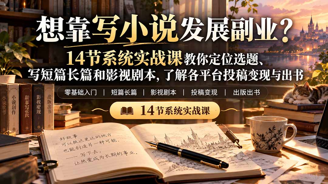 【无水印】想靠写小说发展副业？14节系统实战课教你定位选题、写短篇长篇和影视剧本，了解各平台投稿变现与出书-云创网