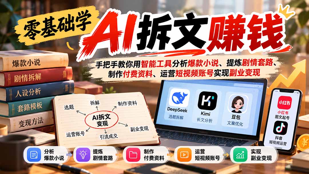 零基础学AI拆文赚钱：手把手教你用智能工具分析爆款小说、提炼剧情套路、制作付费资料、运营短视频账号实现副业变现-云创网